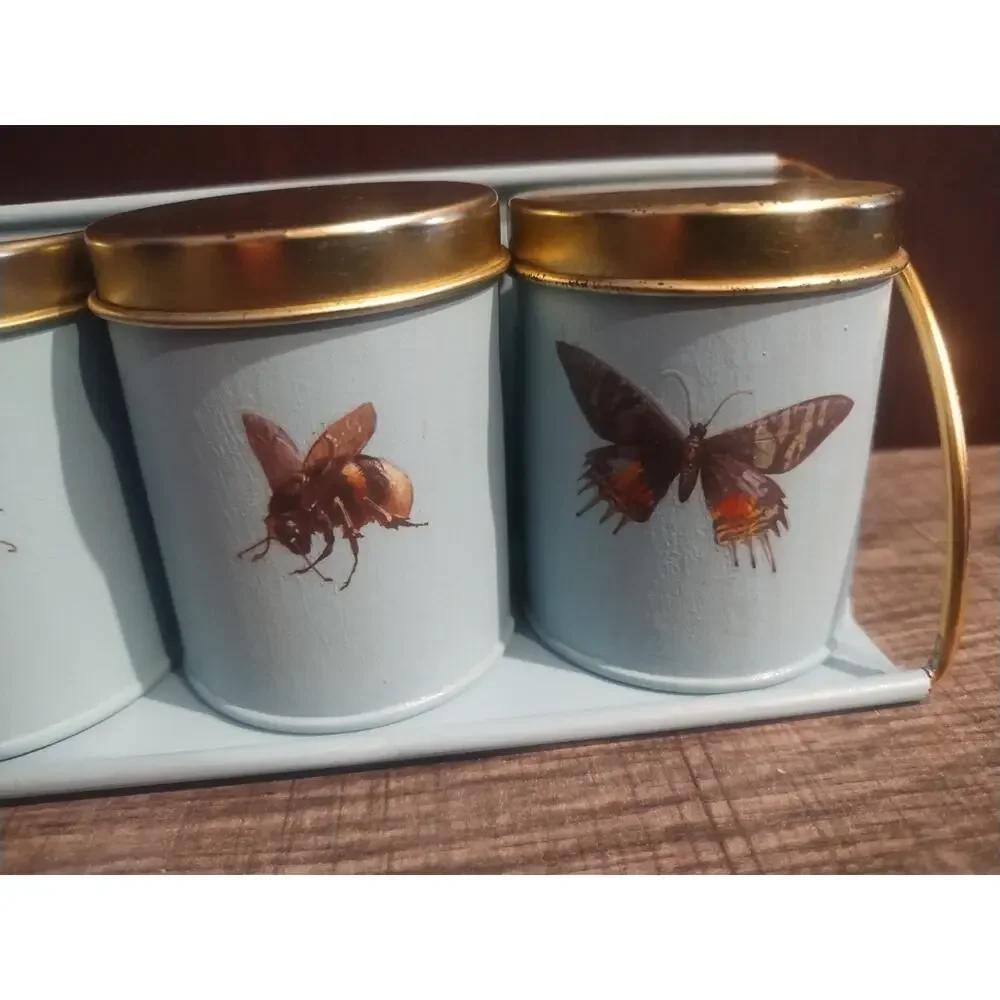 5 Small Tin Kitchen Canisters Lids Blue Bug Butterfly 3